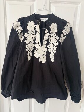 Antik Batik Black Top with White Floral Embroidery size S